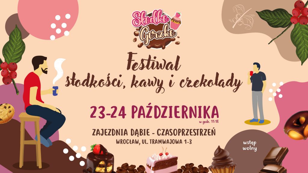 Plakat reklamowy wydarzenia Festiwal słodkości, kawy i czekolady.