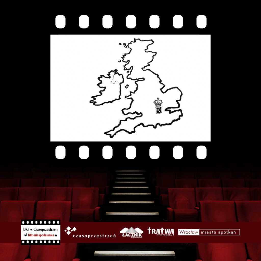 Sala kinowa. Na jej tle dużą klatka filmowa z konturem Wysp Brytyjskich i znakiem x umieszczonym na wysokości Londynu. Logotypy organizatorów.