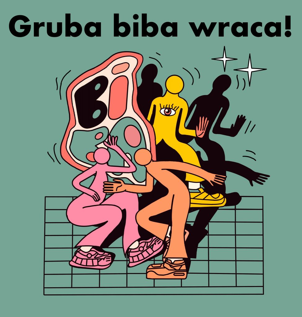Na górze napis "Gruba biba wraca!". Pod spodem graficzne zarysy tańczących postaci, wśród nich napis "Biba".