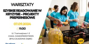 Grafika informująca o wydarzeniu. Tekst: "Warsztaty. Szybkie reagowanie w kryzysie – projekty prepernesowe. 07.09.2024 r. godz. 11:00. Ul. Tramwajowa 1-3. CKAiIL Czasoprzestrzeń (była Zajezdnia Dąbie)." Zdjęcie po prawej stronie przedstawia wolontariuszki w niebieskich koszulkach, pakujące żywność. Na grafice znajduje się logo Tratwy i Czasoprzestrzeni.