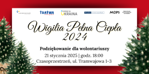 Grafika zawierająca podstawowe informacje o wydarzeniu. Na czerwonym tle umieszczono biały prostokąt z napisem: "Wigilia Pełna Ciepła 2024 - Podziękowanie dla wolontariuszy. 21 stycznia 2025 roku godzina 18.00. CKAiIL Czasoprzestrzeń ul. Tramwajowa 1-3 (Klub Łącznik)". Na pierwszym planie znajdują się 3 malowane choinki ozdobione światełkami. Logotypy: Tratwa, Czasoprzestrzeń, Fundacja Ukraina, Miasto Wrocław, MOPS