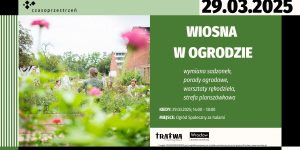 Wiosna w ogrodzie - okładka wydarzenia zawierająca podstawowe informacje oraz zdjęcie różowych kwiatów. W tle znajdują się hali zajezdni tramwajowej