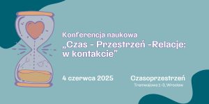 Grafika informująca o wydarzeniu w kolorach niebiesko-zielonych. Napis " konferencja naukowa czas-przestrzeń-relacje: w kontakcie. 4 czerwca 2025, czasoprzestrzeń, tramwajowa 1-3". Główny element grafiki stanowi żółtawa klepsydra